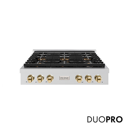 ZLINE Autograph Edition 36 in. Paramount Gas Rangetop with 6 Burner DuoPro™ Cooktop in Stainless Steel and Polished Gold Accents, Open Box-Great Condition
