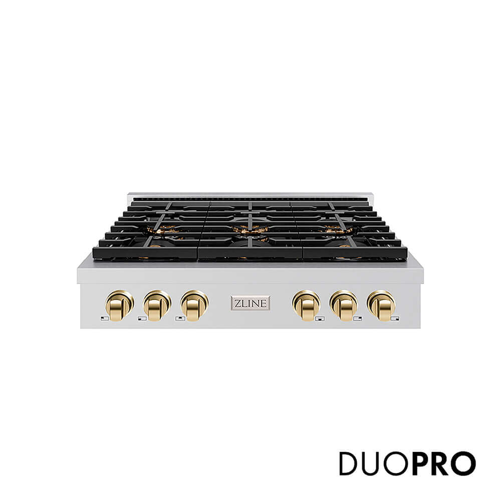 ZLINE Autograph Edition 36 in. Paramount Gas Rangetop with 6 Burner DuoPro™ Cooktop in Stainless Steel and Polished Gold Accents, Open Box-Good Condition