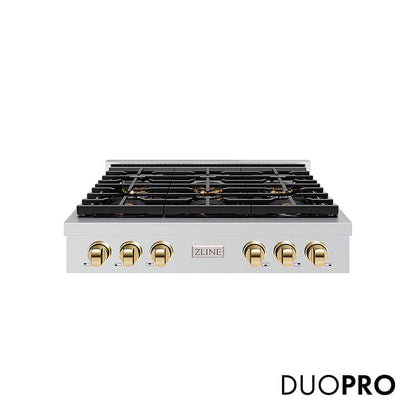 ZLINE Autograph Edition 36 in. Paramount Gas Rangetop with 6 Burner DuoPro™ Cooktop in Stainless Steel and Polished Gold Accents, Open Box-Good Condition