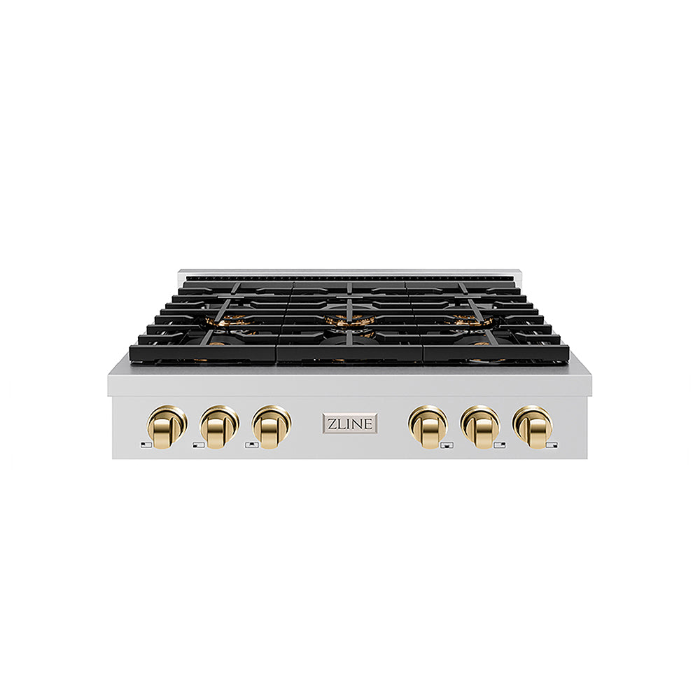 ZLINE Autograph Edition 36 in. Paramount Gas Rangetop with 6 Burner DuoPro™ Cooktop in Stainless Steel and Polished Gold Accents, Open Box-Great Condition