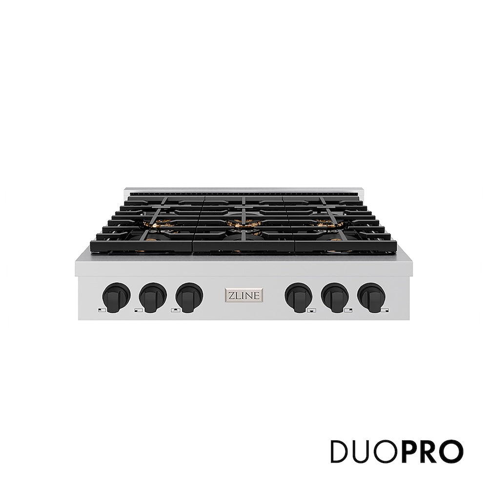 ZLINE Autograph Edition 36 in. Paramount Gas Rangetop with 6 Burner DuoPro™ Cooktop in Stainless Steel and Matte Black Accents (PSRTZ-36-MB) main image.