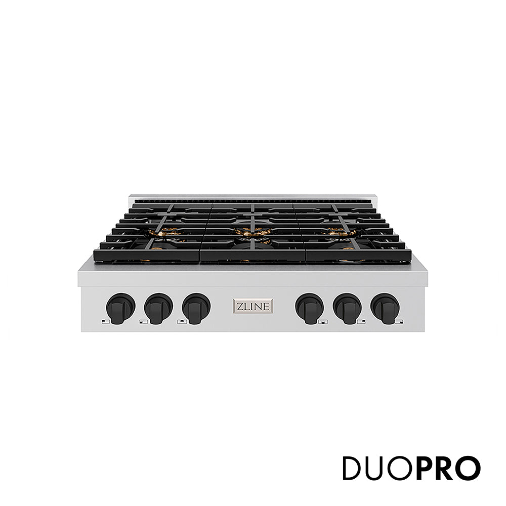 ZLINE Autograph Edition 36 in. Paramount Gas Rangetop with 6 Burner DuoPro™ Cooktop in Stainless Steel and Matte Black Accents, Open Box-Great Condition