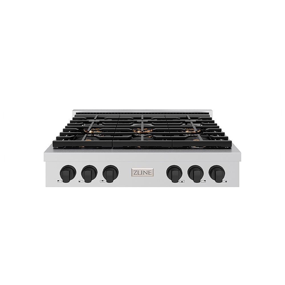 ZLINE Autograph Edition 36 in. Paramount Gas Rangetop with 6 Burner DuoPro™ Cooktop in Stainless Steel and Matte Black Accents (PSRTZ-36-MB) front.