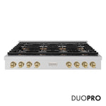 ZLINE Autograph Edition 48 in. Paramount Gas Rangetop with 8 Burner DuoPro™ Cooktop in Stainless Steel and Champagne Bronze Accents (PSRTZ-48-CB) front, with DuoPro™ logo.
