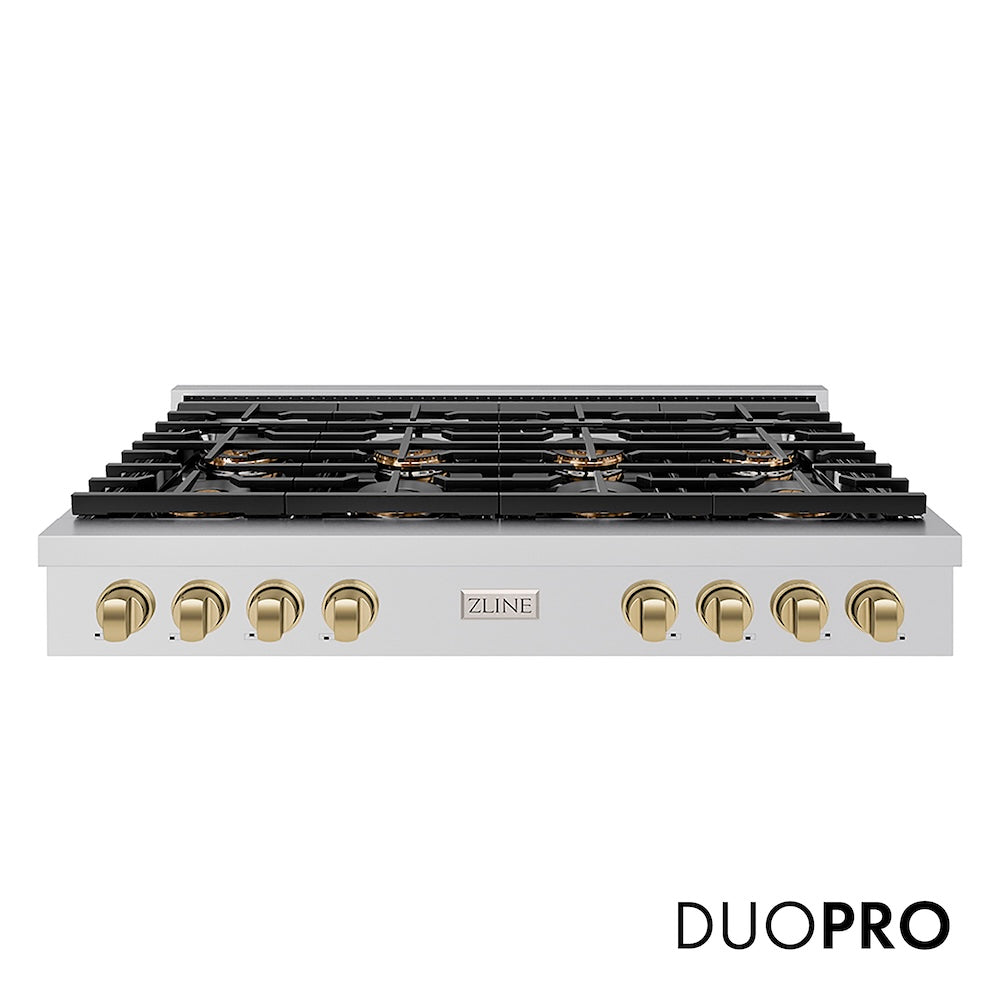 ZLINE Autograph Edition 48 in. Paramount Gas Rangetop with 8 Burner DuoPro™ Cooktop in Stainless Steel and Champagne Bronze Accents (PSRTZ-48-CB) front, with DuoPro™ logo.