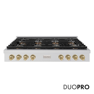 ZLINE Autograph Edition 48 in. Paramount Gas Rangetop with 8 Burner DuoPro™ Cooktop in Stainless Steel and Champagne Bronze Accents (PSRTZ-48-CB) main image.