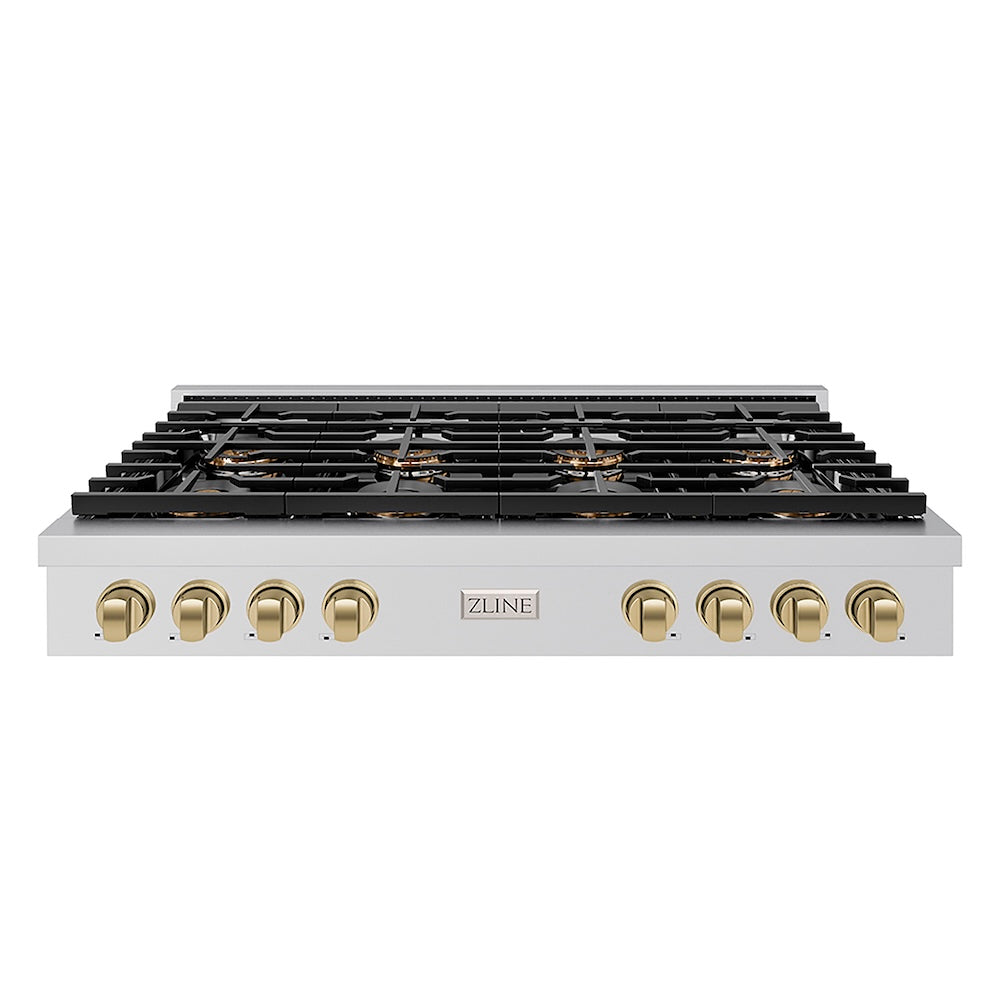ZLINE Autograph Edition 48 in. Paramount Gas Rangetop with 8 Burner DuoPro™ Cooktop in Stainless Steel and Champagne Bronze Accents (PSRTZ-48-CB) front.