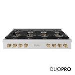 ZLINE Autograph Edition 48 in. Paramount Gas Rangetop with 8 Burner DuoPro™ Cooktop in Stainless Steel and Polished Gold Accents (PSRTZ-48-G) front, with DuoPro™ logo.
