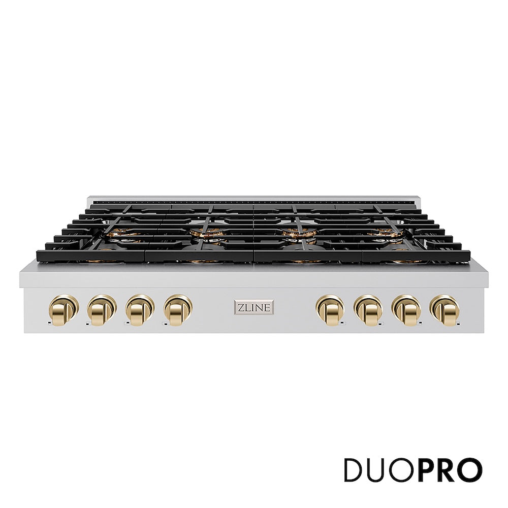 ZLINE Autograph Edition 48 in. Paramount Gas Rangetop with 8 Burner DuoPro™ Cooktop in Stainless Steel and Polished Gold Accents (PSRTZ-48-G) front, with DuoPro™ logo.