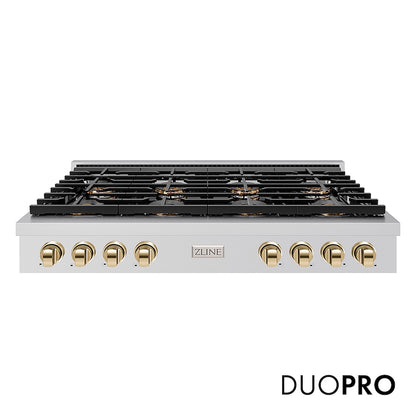 ZLINE Autograph Edition 48 in. Paramount Gas Rangetop with 8 Burner DuoPro™ Cooktop in Stainless Steel and Polished Gold Accents (PSRTZ-48-G) front, with DuoPro™ logo.
