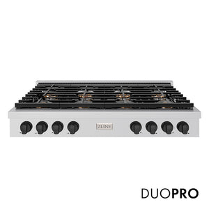 ZLINE Autograph Edition 48 in. Paramount Gas Rangetop with 8 Burner DuoPro™ Cooktop in Stainless Steel and Matte Black Accents (PSRTZ-48-MB) main image.