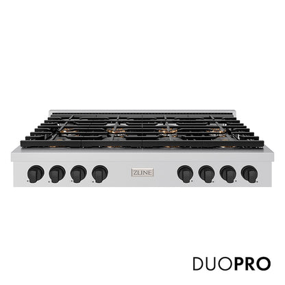 ZLINE Autograph Edition 48 in. Paramount Gas Rangetop with 8 Burner DuoPro™ Cooktop in Stainless Steel and Matte Black Accents (PSRTZ-48-MB) front, with DuoPro™ logo.