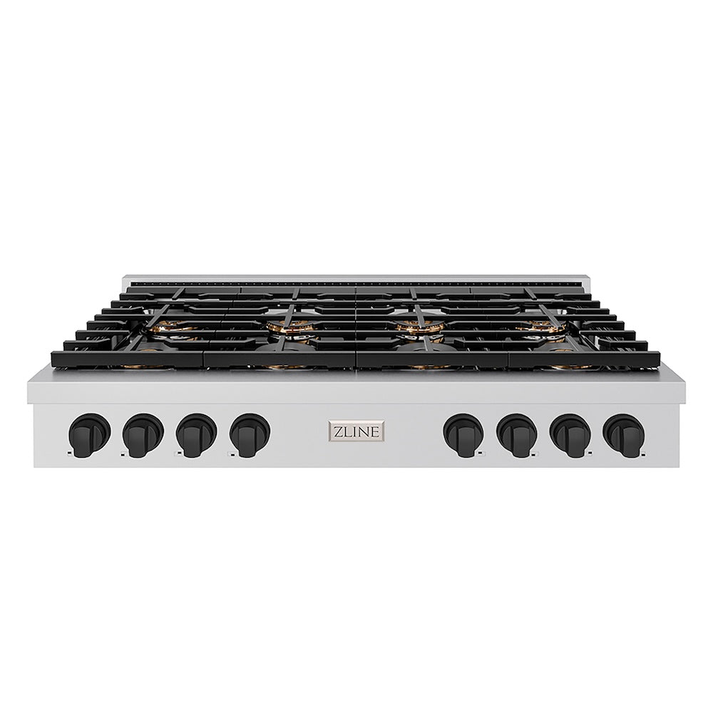 ZLINE Autograph Edition 48 in. Paramount Gas Rangetop with 8 Burner DuoPro™ Cooktop in Stainless Steel and Matte Black Accents (PSRTZ-48-MB) front.