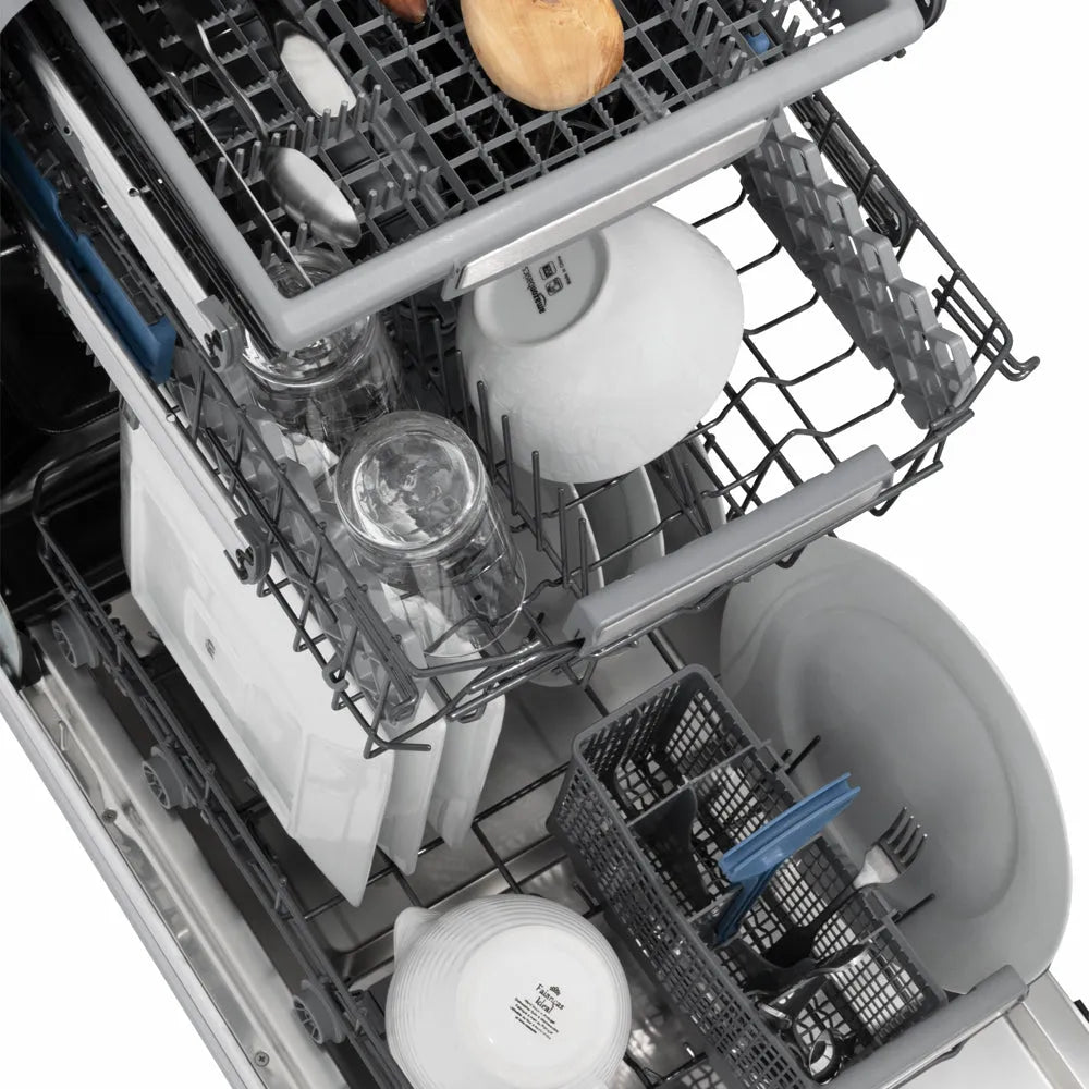 ZLINE 18 in. Tallac Series 3rd Rack Dishwasher with Auto Door Open Drying, 51dBa, Stainless Steel Panel (DWV-304-18) from above, with dishes on racks.
