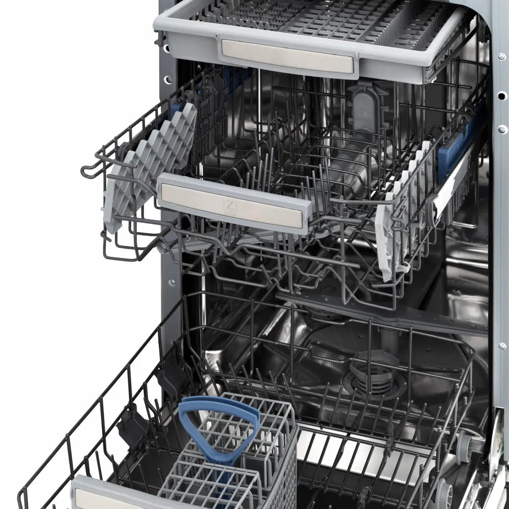 ZLINE 18 in. Tallac Series 3rd Rack Dishwasher with Auto Door Open Drying, 51dBa, Stainless Steel Panel (DWV-304-18) front, open, showing adjustable racks and compartments.