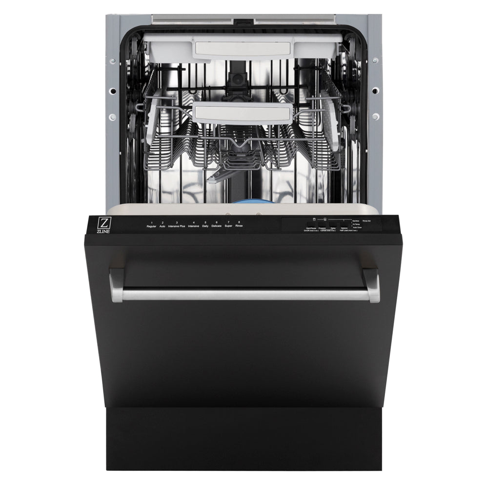 ZLINE 18 in. Tallac Series 3rd Rack Dishwasher with Auto Door Open Drying, 51dBa, Black Matte Panel (DWV-BLM-18) front, door half open.