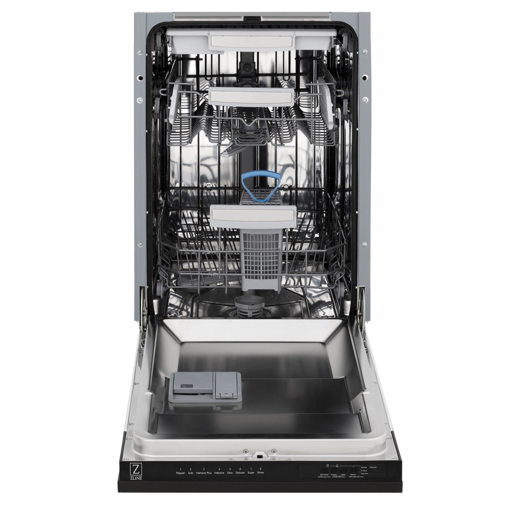 ZLINE 18 in. Tallac Series 3rd Rack Dishwasher with Auto Door Open Drying, 51dBa, Black Matte Panel (DWV-BLM-18) front, door open.