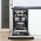 ZLINE 18 in. Tallac Series 3rd Rack Dishwasher with Auto Door Open Drying, 51dBa, Black Matte Panel (DWV-BLM-18) front, open, in a kitchen setting with visible interior components.