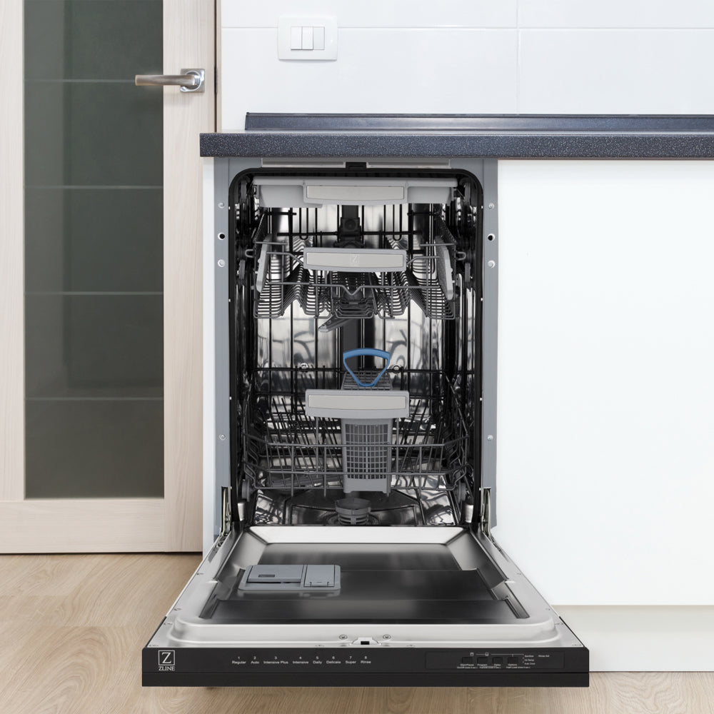 ZLINE 18 in. Tallac Series 3rd Rack Dishwasher with Auto Door Open Drying, 51dBa, Black Matte Panel (DWV-BLM-18) front, open, in a kitchen setting with visible interior components.