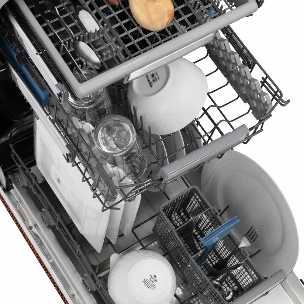 ZLINE 18 in. Tallac Series 3rd Rack Dishwasher with Auto Door Open Drying, 51dBa, Hand-Hammered Copper Panel (DWV-HH-18) from above, with dishes on racks.