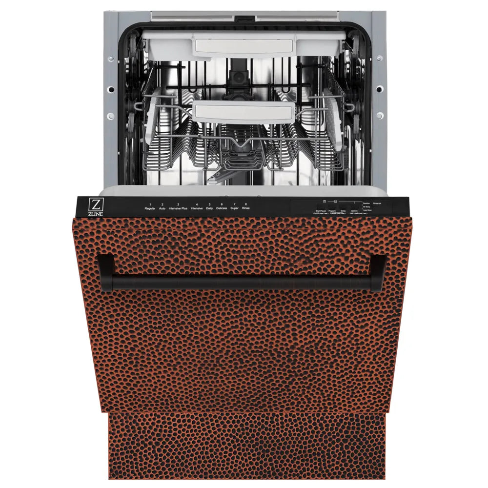 ZLINE 18 in. Tallac Series 3rd Rack Dishwasher with Auto Door Open Drying, 51dBa, Hand-Hammered Copper Panel (DWV-HH-18) front, door half open.