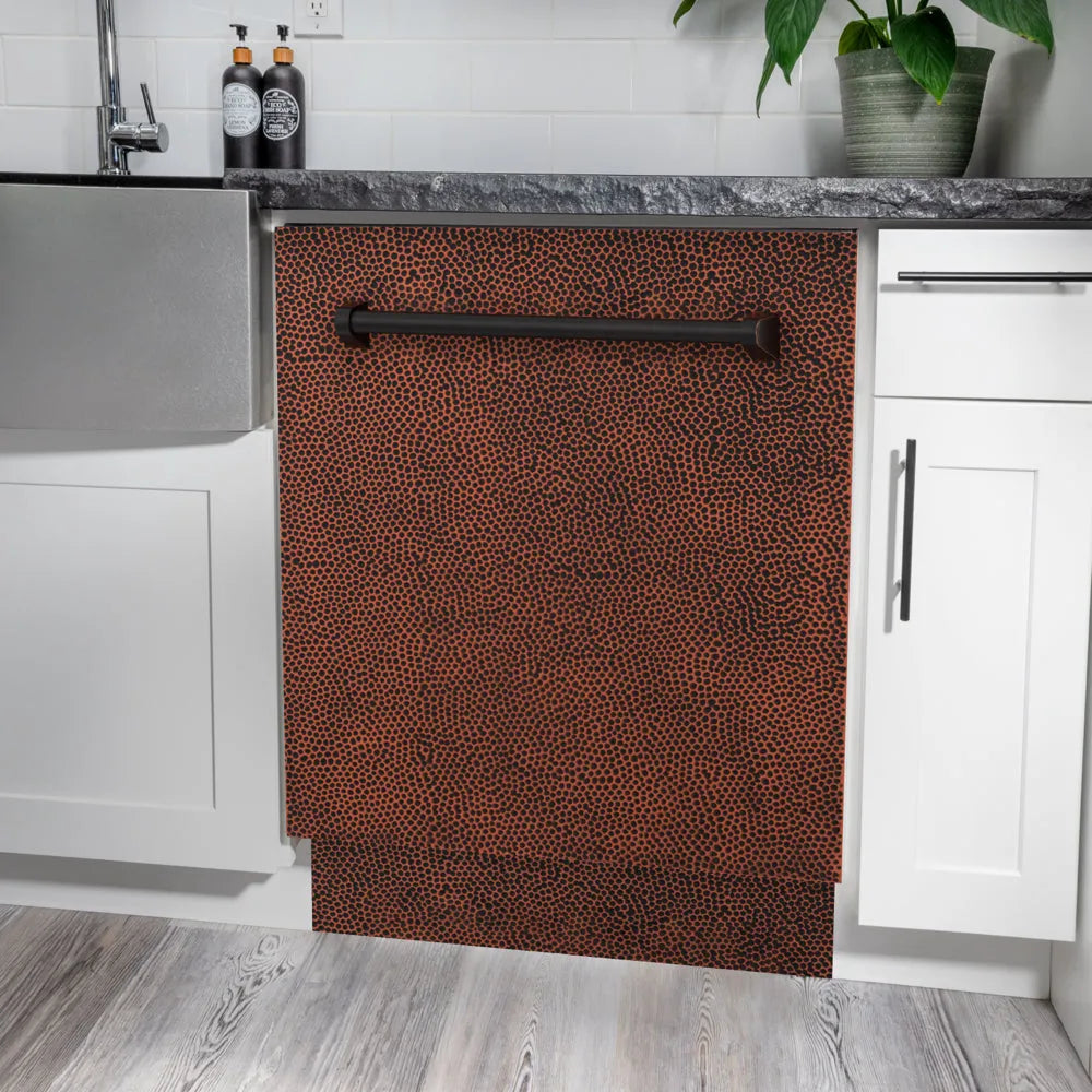 ZLINE 24 in. Tallac Series 3rd Rack Dishwasher with Auto Door Open Drying, 51dBa, Hand-Hammered Copper Panel (DWV-HH-24) in a modern kitchen with white cabinets and a gray countertop.