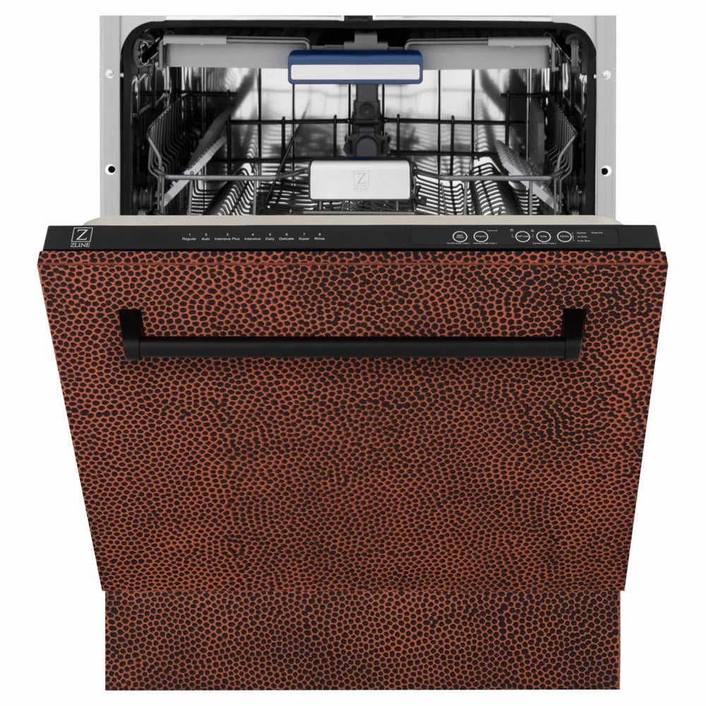 ZLINE 24 in. Tallac Series 3rd Rack Dishwasher with Auto Door Open Drying, 51dBa, Hand-Hammered Copper Panel (DWV-HH-24) front, door half open.