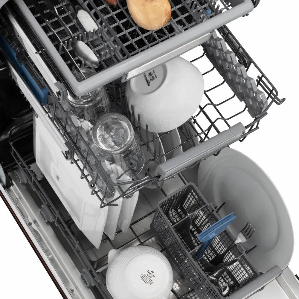 ZLINE 18 in. Tallac Series 3rd Rack Dishwasher with Auto Door Open Drying, 51dBa, Oil-Rubbed Bronze Panel (DWV-ORB-18) from above, with dishes on racks.