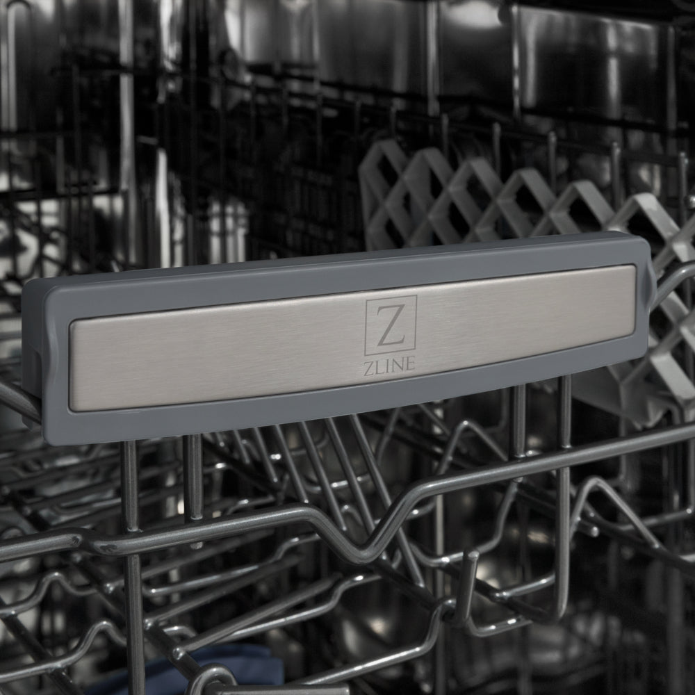 ZLINE 18 in. Tallac Series 3rd Rack Dishwasher with Auto Door Open Drying, 51dBa, Oil-Rubbed Bronze Panel (DWV-ORB-18) close-up, logo on dish rack.