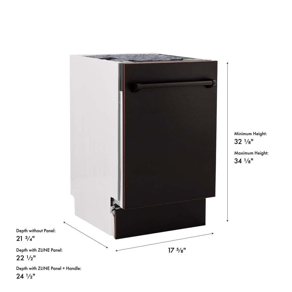 ZLINE 18 in. Tallac Series 3rd Rack Dishwasher with Auto Door Open Drying, 51dBa, Oil-Rubbed Bronze Panel (DWV-ORB-18) with dimensions labeled.