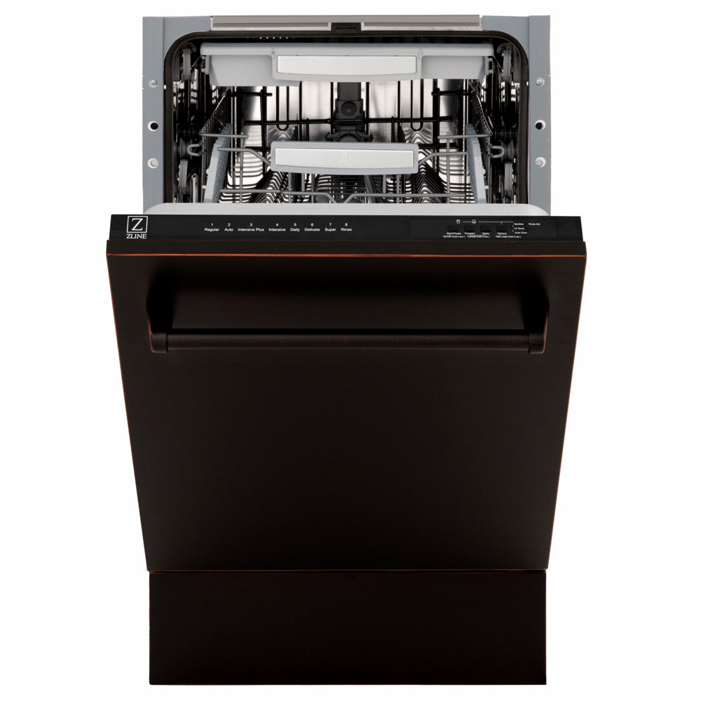 ZLINE 18 in. Tallac Series 3rd Rack Dishwasher with Auto Door Open Drying, 51dBa, Oil-Rubbed Bronze Panel (DWV-ORB-18) front, door half open.