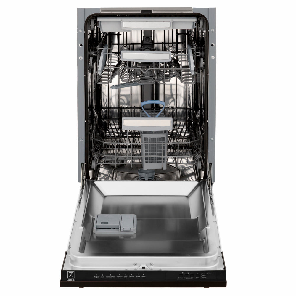ZLINE 18 in. Tallac Series 3rd Rack Dishwasher with Auto Door Open Drying, 51dBa, Oil-Rubbed Bronze Panel (DWV-ORB-18) front, door open.