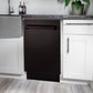 ZLINE 18 in. Tallac Series 3rd Rack Dishwasher with Auto Door Open Drying, 51dBa, Oil-Rubbed Bronze Panel (DWV-ORB-18) in a modern kitchen with white cabinets and a gray countertop.