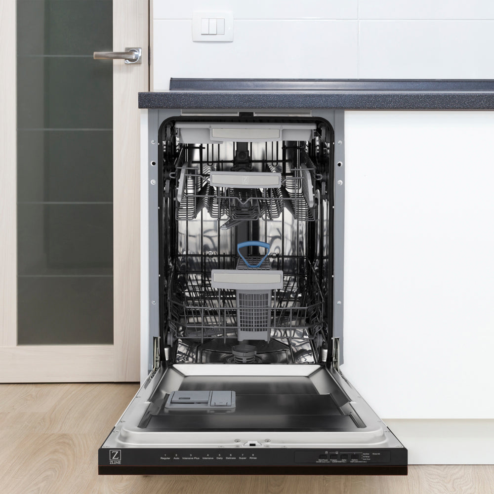 ZLINE 18 in. Tallac Series 3rd Rack Dishwasher with Auto Door Open Drying, 51dBa, Oil-Rubbed Bronze Panel (DWV-ORB-18) front, open, in a kitchen setting with visible interior components.
