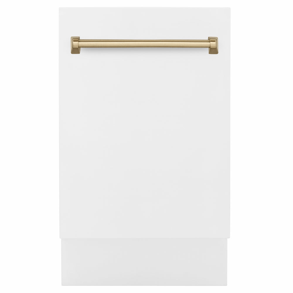 ZLINE Autograph Edition 18 in. Tallac Series 3rd Rack Dishwasher with Auto Door Open Drying, 51dBa, White Matte Panel with Champagne Bronze Handle (DWVZ-WM-18-CB)