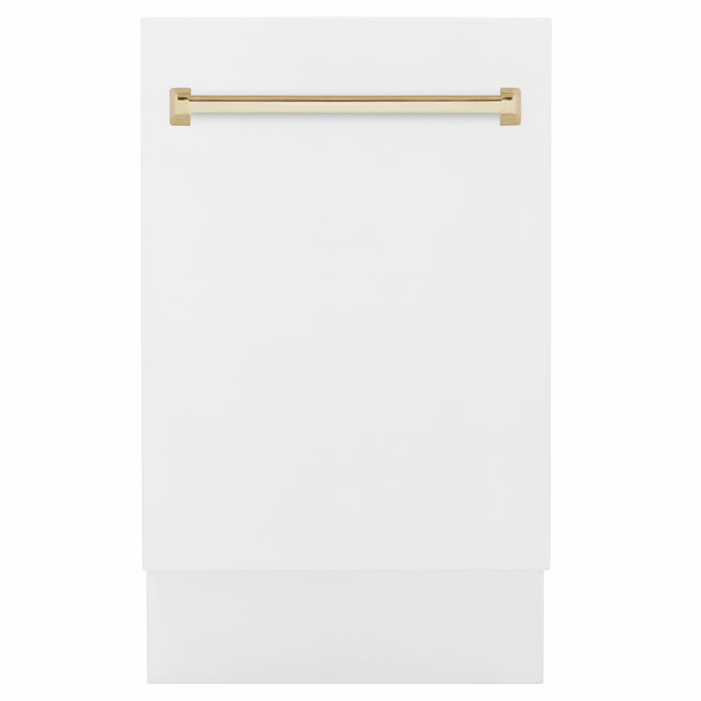 ZLINE Autograph Edition 18 in. Tallac Series 3rd Rack Dishwasher with Auto Door Open Drying, 51dBa, White Matte Panel with Polished Gold Handle (DWVZ-WM-18-G)