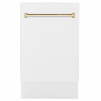 ZLINE Autograph Edition 18 in. Tallac Series 3rd Rack Dishwasher with Auto Door Open Drying, 51dBa, White Matte Panel with Polished Gold Handle (DWVZ-WM-18-G)