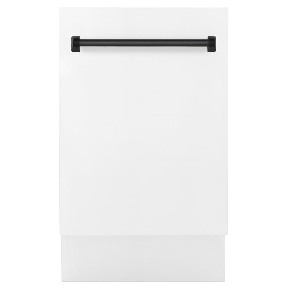 ZLINE Autograph Edition 18 in. Tallac Series 3rd Rack Dishwasher with Auto Door Open Drying, 51dBa, White Matte Panel with Matte Black Handle (DWVZ-WM-18-MB)