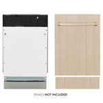 ZLINE Autograph Edition 18 in. Tallac Series 3rd Rack Dishwasher with Auto Door Open Drying, 51dBa, Panel Ready with Polished Gold Handle (DWVZ-18-G) front, side-by-side compared to custom panel.