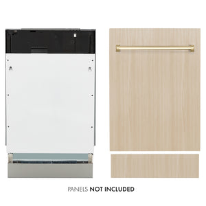 ZLINE Autograph Edition 18 in. Tallac Series 3rd Rack Dishwasher with Auto Door Open Drying, 51dBa, Panel Ready with Polished Gold Handle (DWVZ-18-G) front, side-by-side compared to custom panel.
