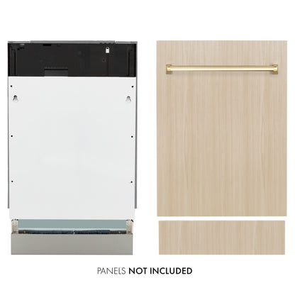 ZLINE Autograph Edition 18 in. Tallac Series 3rd Rack Dishwasher with Auto Door Open Drying, 51dBa, Panel Ready with Polished Gold Handle (DWVZ-18-G) front, side-by-side compared to custom panel.