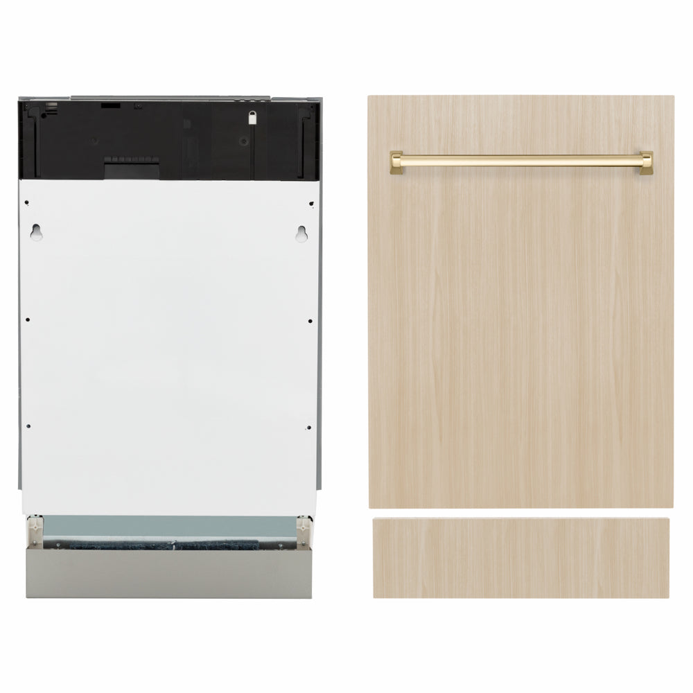 ZLINE Autograph Edition 18 in. Tallac Series 3rd Rack Dishwasher with Auto Door Open Drying, 51dBa, Panel Ready with Polished Gold Handle (DWVZ-18-G) front, side-by-side compared to custom panel.