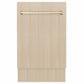 ZLINE Autograph Edition 18 in. Tallac Series 3rd Rack Dishwasher with Auto Door Open Drying, 51dBa, Panel Ready with Polished Gold Handle (DWVZ-18-G) front, with custom panel.