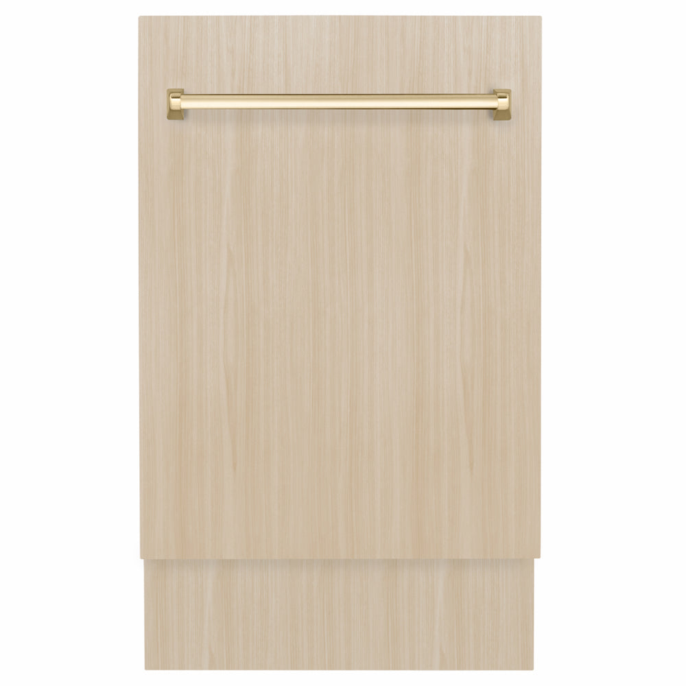 ZLINE Autograph Edition 18 in. Tallac Series 3rd Rack Dishwasher with Auto Door Open Drying, 51dBa, Panel Ready with Polished Gold Handle (DWVZ-18-G) front, with custom panel.