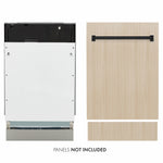 ZLINE Autograph Edition 18 in. Tallac Series 3rd Rack Dishwasher with Auto Door Open Drying, 51dBa, Panel Ready with Matte Black Handle (DWVZ-18-MB) front, side-by-side compared to custom panel.