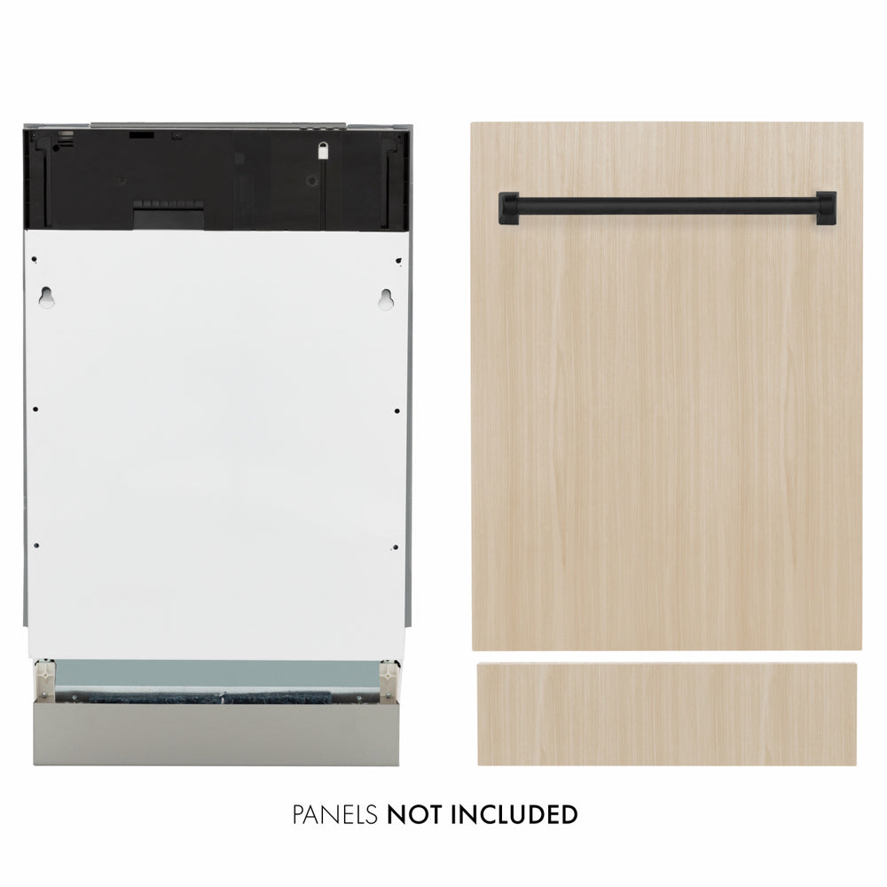 ZLINE Autograph Edition 18 in. Tallac Series 3rd Rack Dishwasher with Auto Door Open Drying, 51dBa, Panel Ready with Matte Black Handle (DWVZ-18-MB) front, side-by-side compared to custom panel.