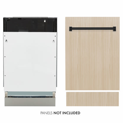 ZLINE Autograph Edition 18 in. Tallac Series 3rd Rack Dishwasher with Auto Door Open Drying, 51dBa, Panel Ready with Matte Black Handle (DWVZ-18-MB) front, side-by-side compared to custom panel.