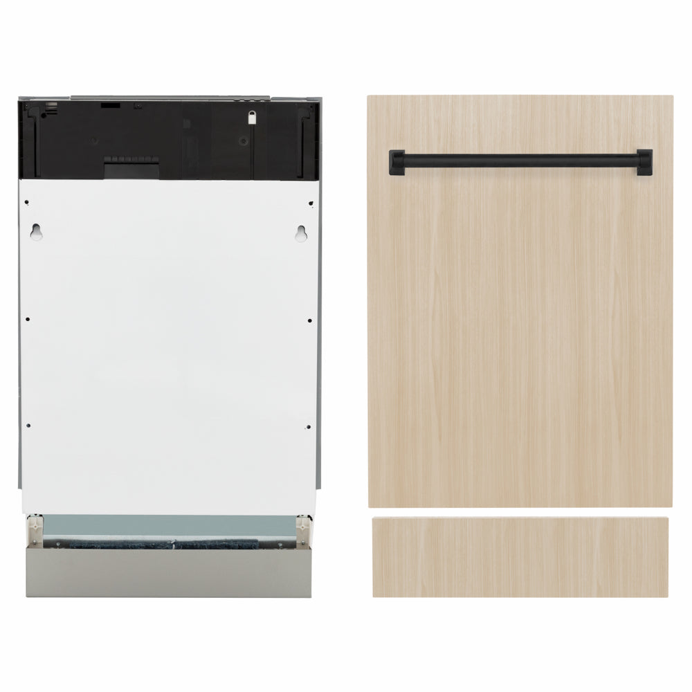 ZLINE Autograph Edition 18 in. Tallac Series 3rd Rack Dishwasher with Auto Door Open Drying, 51dBa, Panel Ready with Matte Black Handle (DWVZ-18-MB) front, side-by-side compared to custom panel.