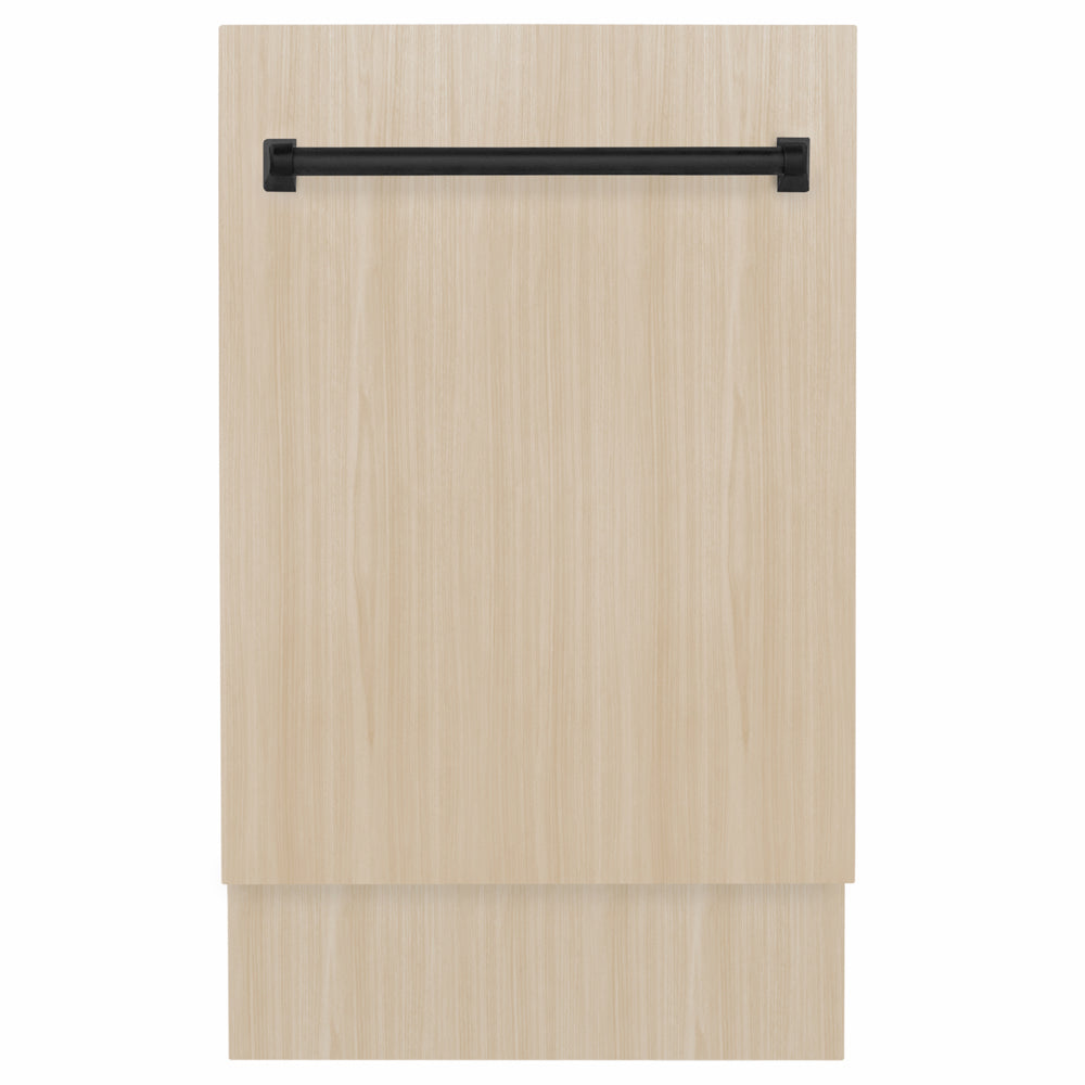ZLINE Autograph Edition 18 in. Tallac Series 3rd Rack Dishwasher with Auto Door Open Drying, 51dBa, Panel Ready with Matte Black Handle (DWVZ-18-MB) front, with custom panel.