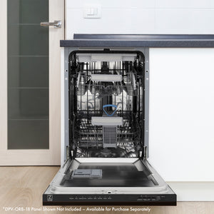 ZLINE Autograph Edition 18 in. Tallac Series 3rd Rack Dishwasher with Auto Door Open Drying, 51dBa, Panel Ready with Matte Black Handle (DWVZ-18-MB) front, open, in a kitchen setting with visible interior components.